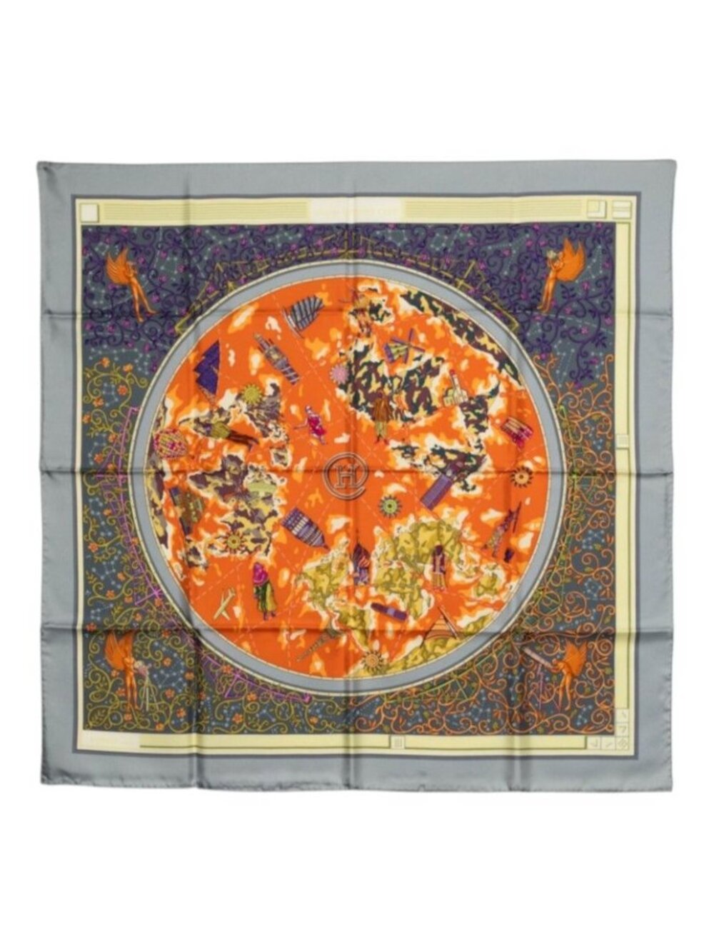 Hermes Carre 90 World Map Scarf Gray Orange Multicolor Silk